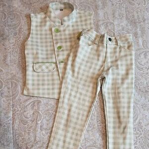 Green and White Checkered Vest and Pants Set